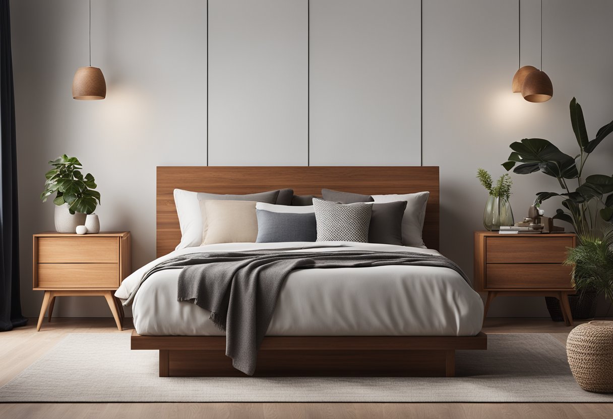 A sleek, minimalist bed frame with clean lines and a warm wood finish. The room is filled with matching furniture pieces, including a dresser, nightstands, and a cozy armchair
