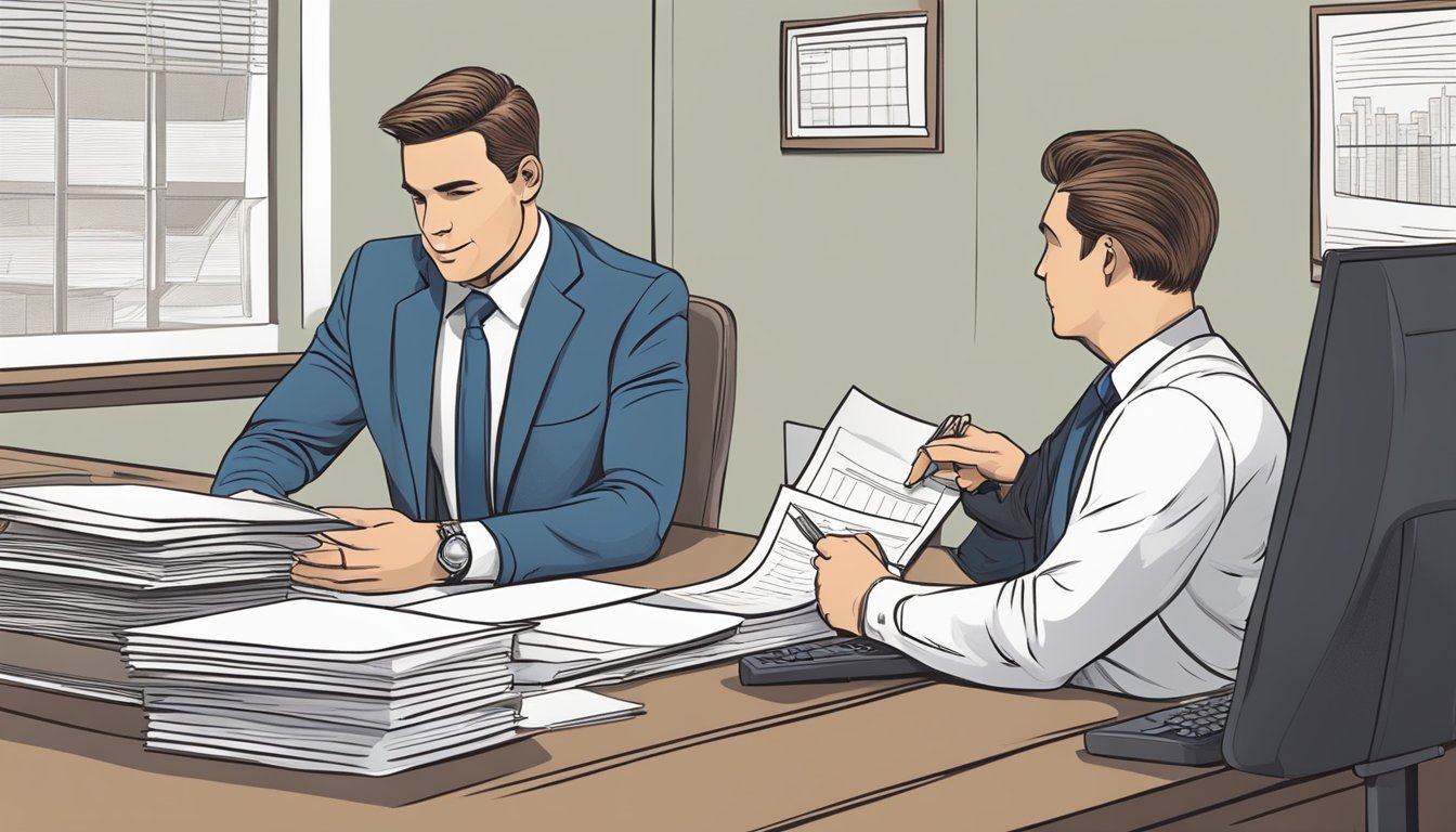 A business owner sits at a desk, presenting a detailed business plan to a bank loan officer. The officer reviews paperwork and asks questions, while the owner discusses financial projections