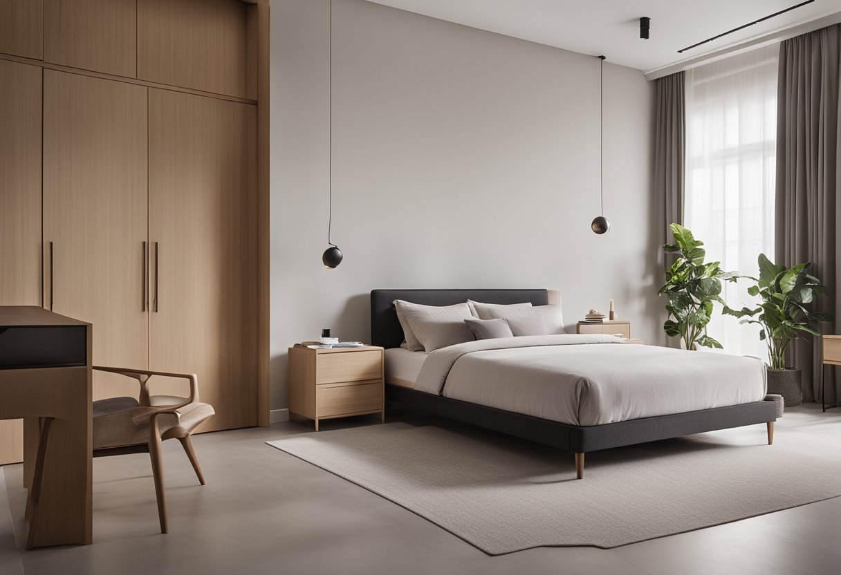 A sleek, minimalist bed with a matching nightstand, a stylish dresser, and a contemporary wooden wardrobe, all set against a backdrop of clean, neutral walls and soft, natural lighting