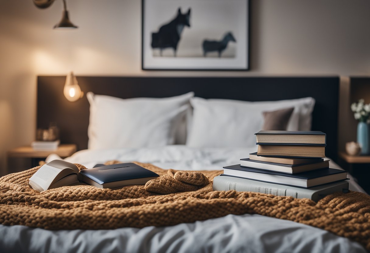 A cozy bedroom with a stylish bed, adorned with decorative pillows and a throw blanket. A nightstand with a lamp and a stack of books completes the scene