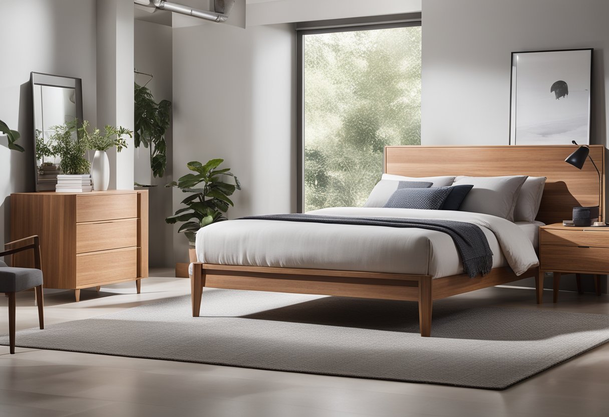 A sleek, minimalist bedroom with modern wood furniture. Clean lines and natural finishes create a serene and stylish atmosphere