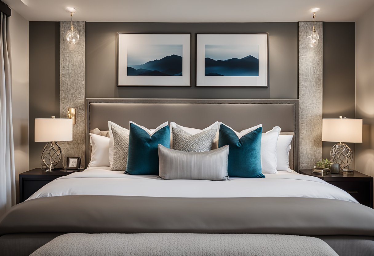 The bedroom is elegantly furnished with a king-sized bed, plush carpeting, and modern lighting fixtures. The color scheme is a soothing blend of neutral tones, accented with pops of color in the throw pillows and artwork