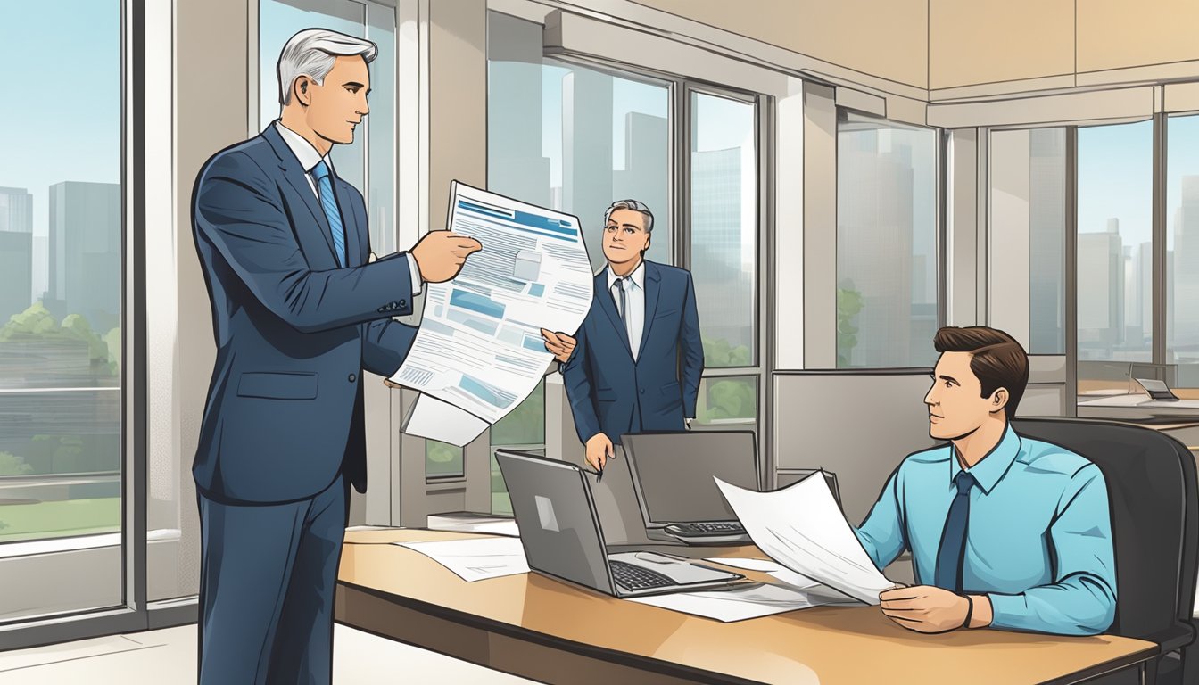 A businessman presenting collateral documents to a bank manager, both engaged in conversation about a business loan