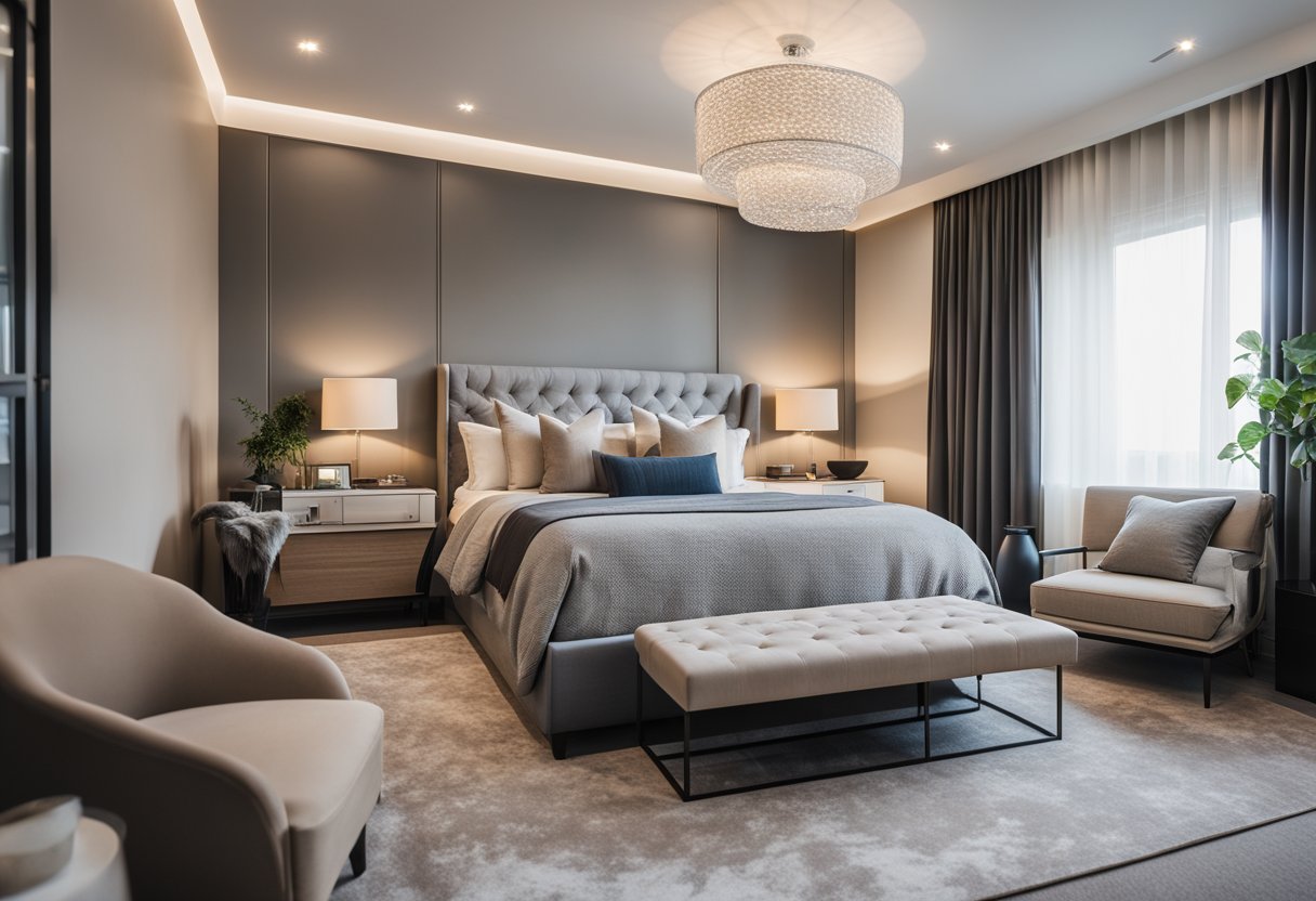 A bedroom with modern furniture, soft lighting, and neutral colors. A large, plush bed with decorative pillows. A sleek dresser and a cozy reading nook with a comfortable chair and side table
