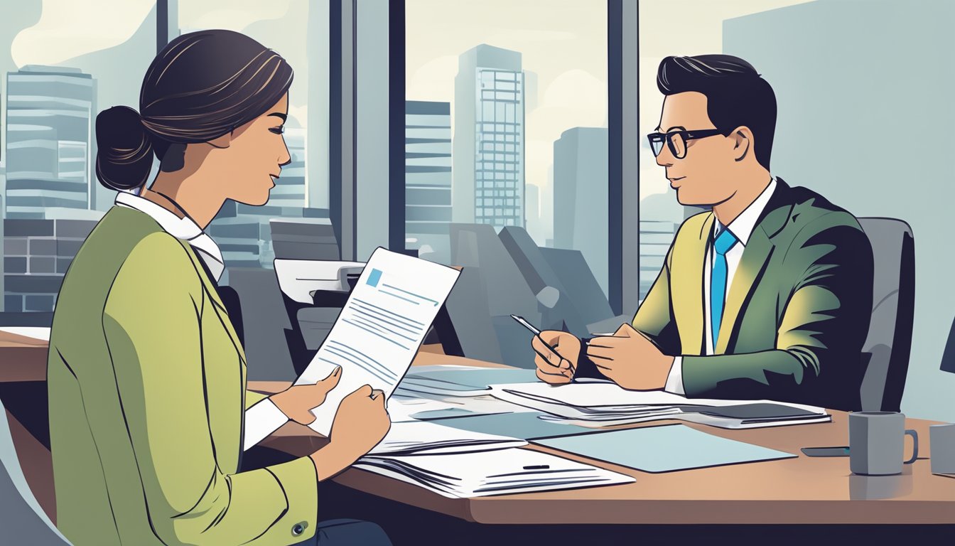 A person sitting at a desk, talking to a bank representative. The representative is explaining the process of applying for a small business loan. The person is holding a folder with financial documents