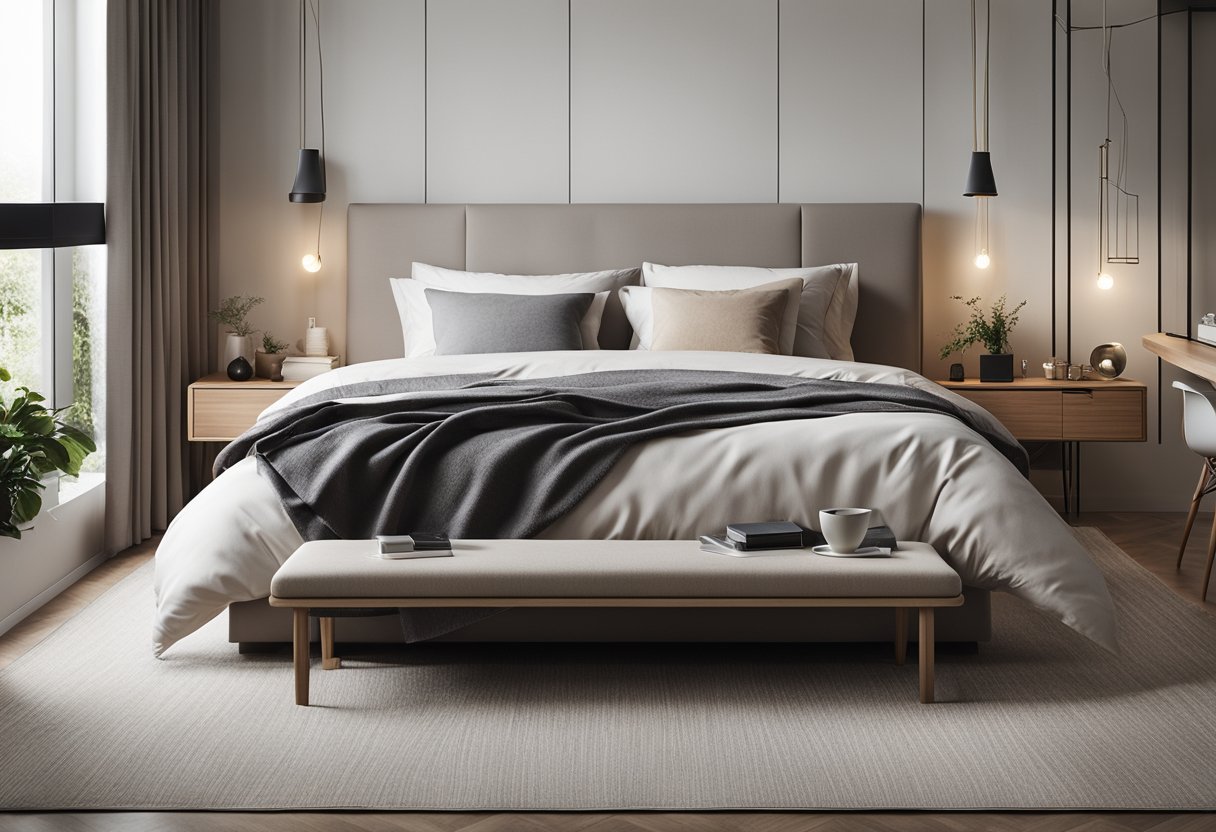 A cozy bedroom with a modern, minimalist bed design. Clean lines and neutral colors create a serene atmosphere