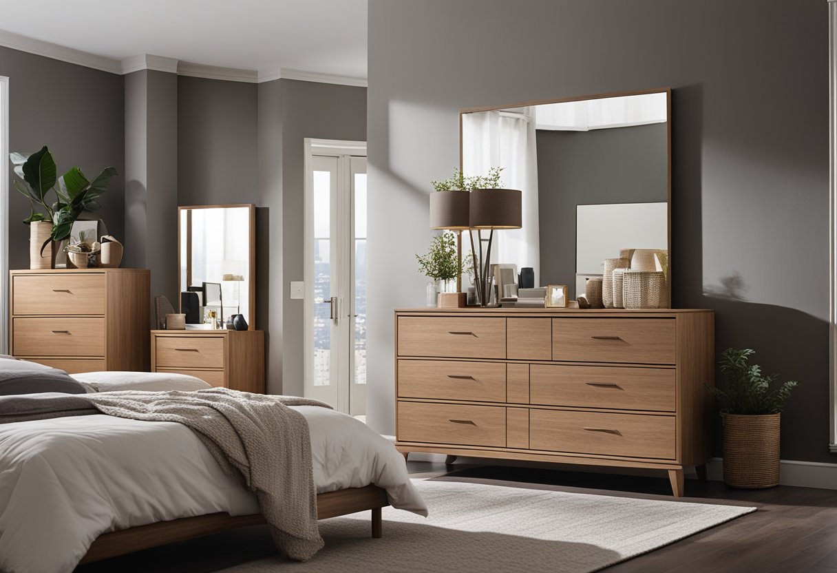 A person arranges bedroom furniture, positioning a bed, nightstands, and a dresser in a well-organized layout