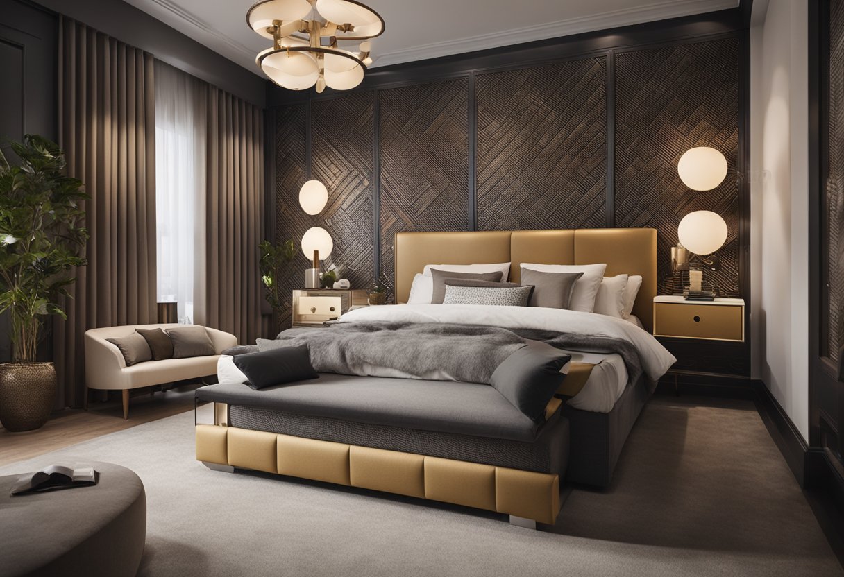An interior designer carefully chooses materials and furnishings for a bedroom, considering cost and style