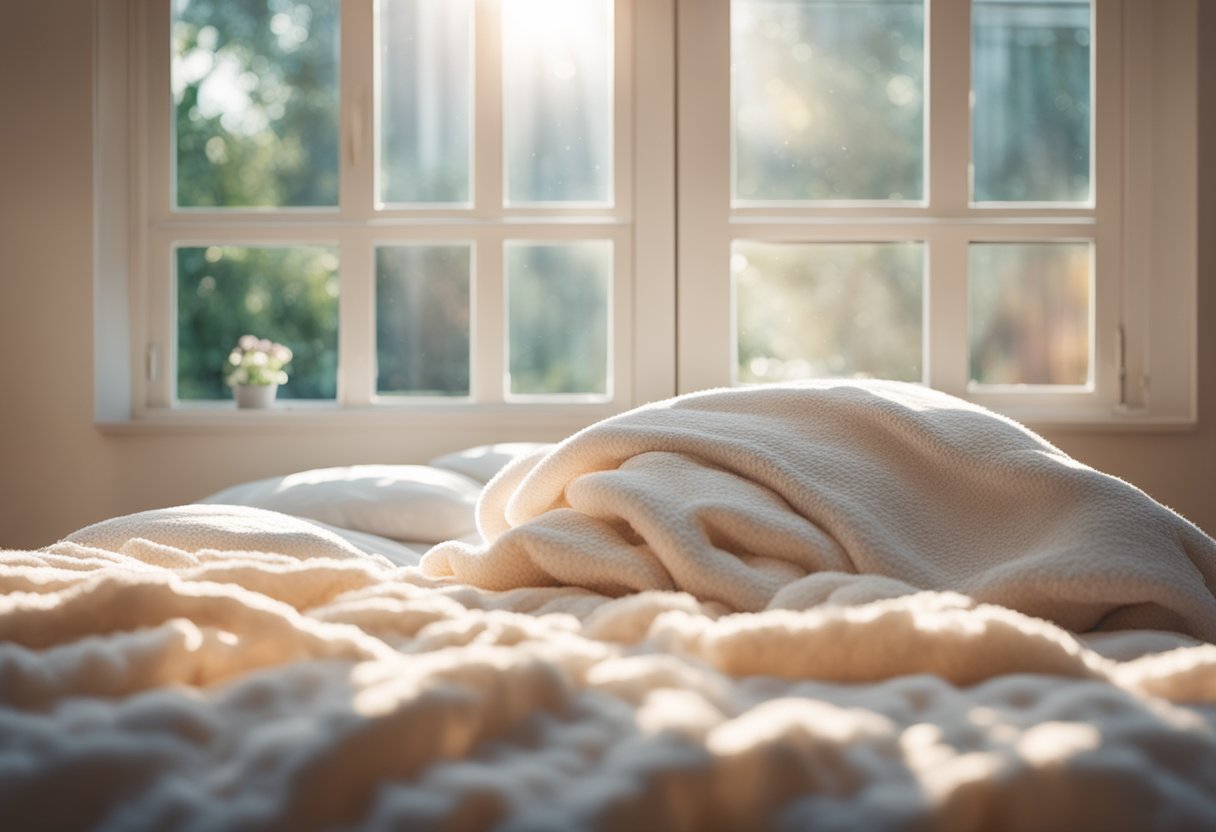 The bedroom is filled with soft, pastel colors. The bed is neatly made with fluffy pillows and a cozy blanket. Sunlight streams in through the window, casting a warm glow on the room