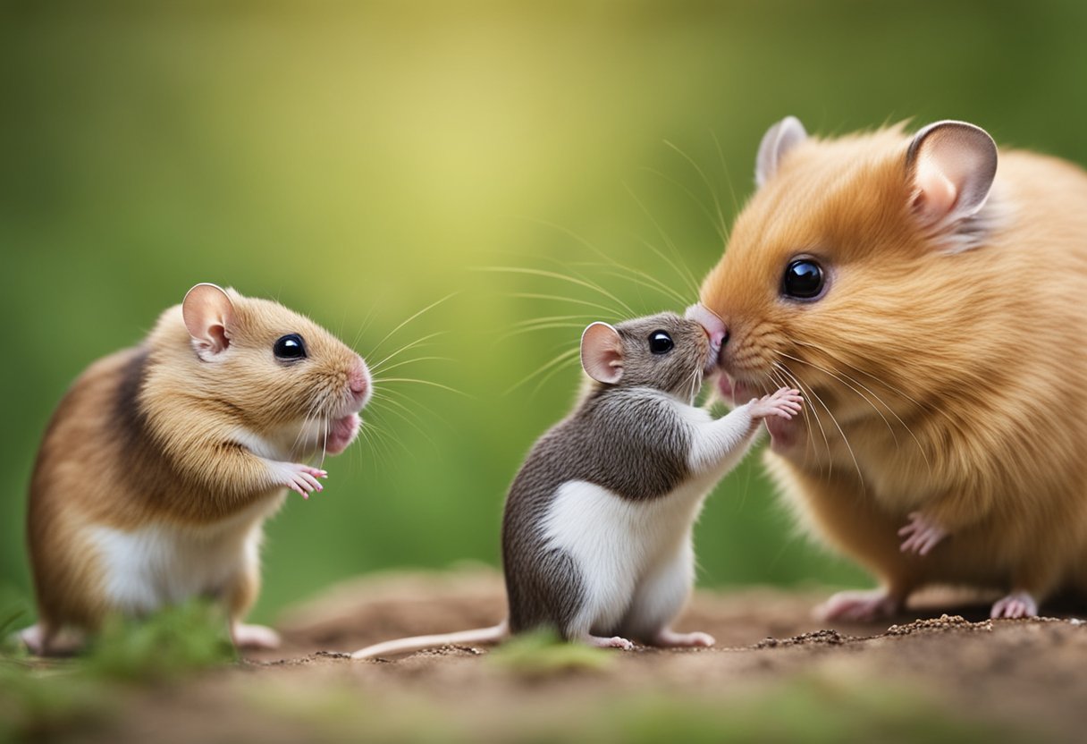 Two small rodents face off, one a gerbil and the other a hamster. Their fur bristles as they size each other up, ready to defend their territory