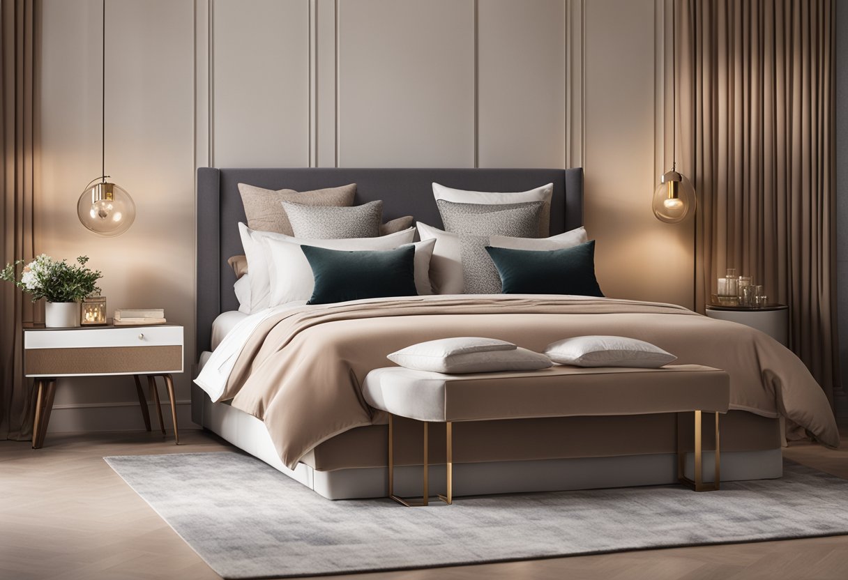 A cozy bedroom with modern furniture and soft color palette. A large bed with plush bedding, a stylish nightstand, and a decorative rug. Warm lighting and tasteful art on the walls