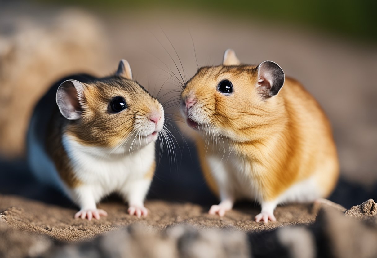 Gerbils and hamsters face off, gerbil showing aggressive behavior, while hamster appears timid