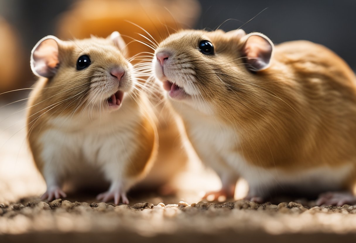 Gerbils and hamsters face off in a cage, with the gerbil showing signs of aggression and the hamster cowering in fear