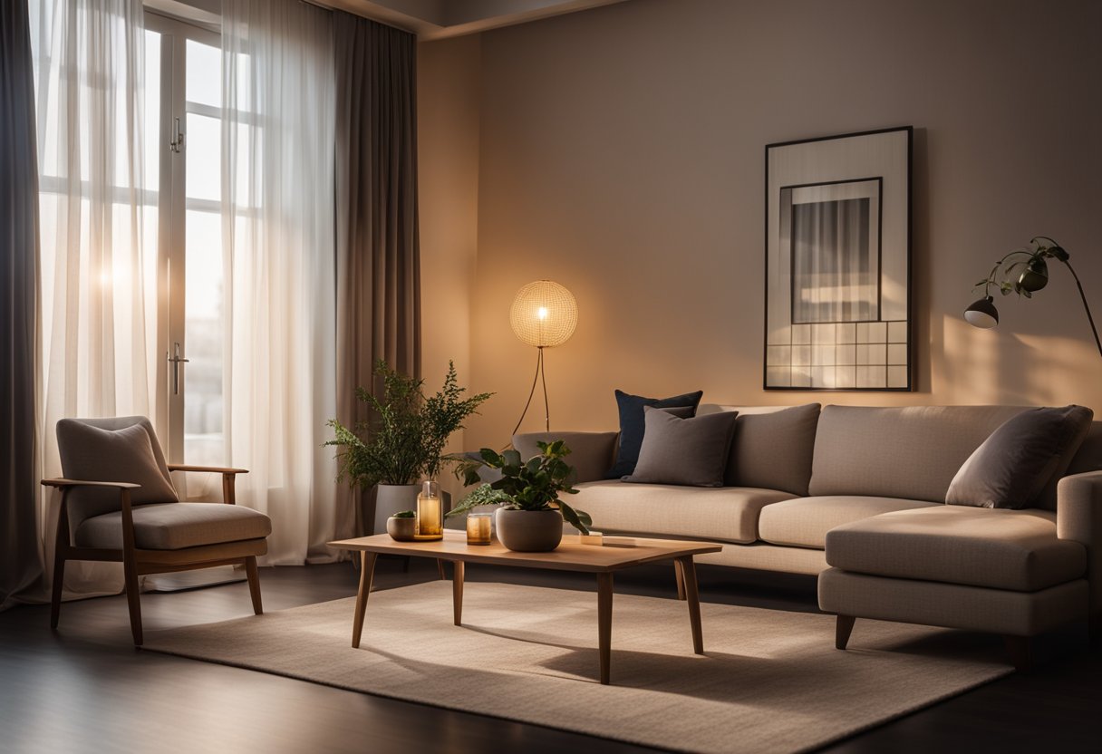 A softly lit room with warm, diffused lighting, casting gentle shadows on the furniture and decor. The light filters through sheer curtains, creating a cozy and inviting atmosphere