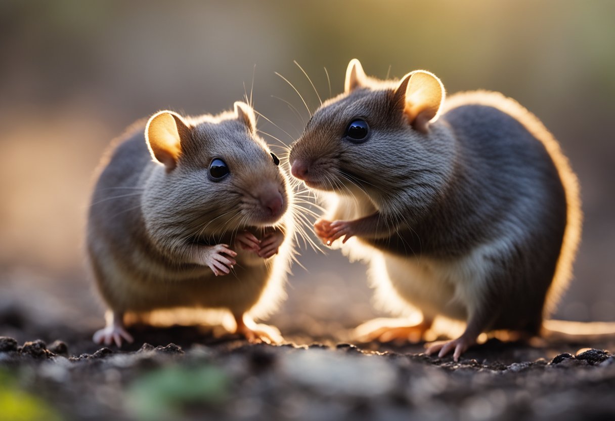 Two small rodents facing each other, one with an aggressive stance, while the other looks timid and scared