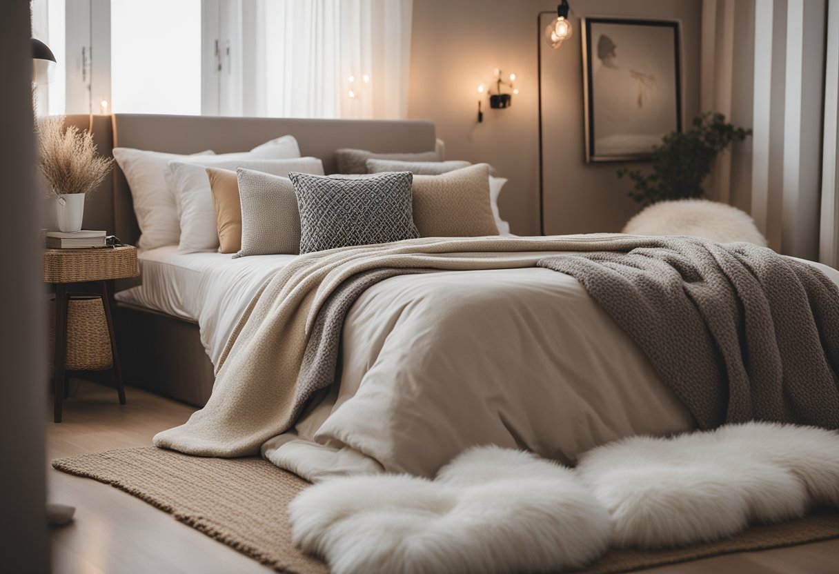 A cozy bedroom with soft, neutral tones, a plush bed with fluffy pillows, a warm throw blanket, and a small reading nook with a comfortable chair and soft lighting