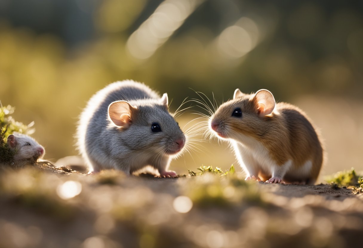 Two small rodents, a gerbil and a hamster, facing each other with raised fur and bared teeth