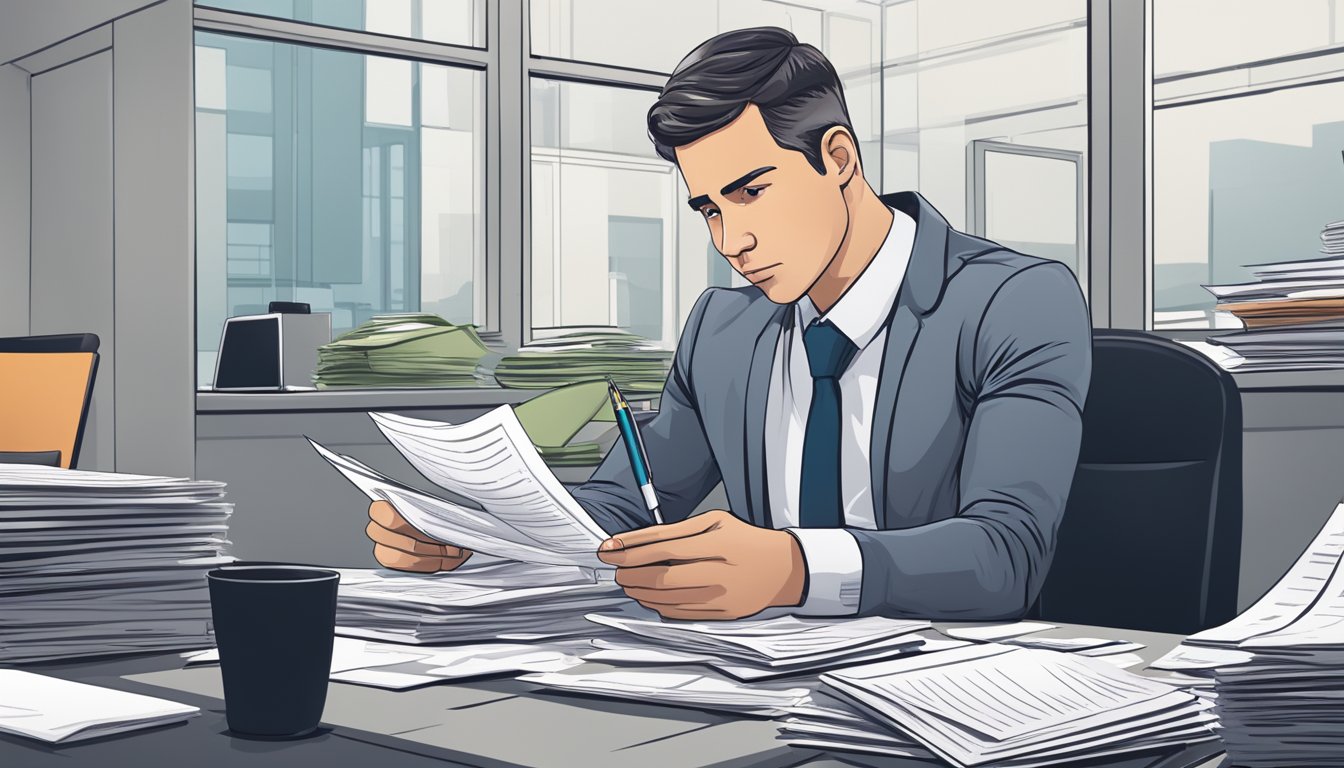 A business owner sits at a desk surrounded by paperwork, looking perplexed while holding a pen and a stack of loan application forms