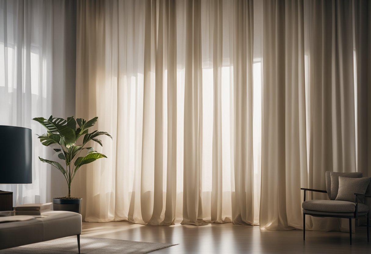 A softly lit room with light filtering through sheer curtains, casting gentle, even illumination across the space