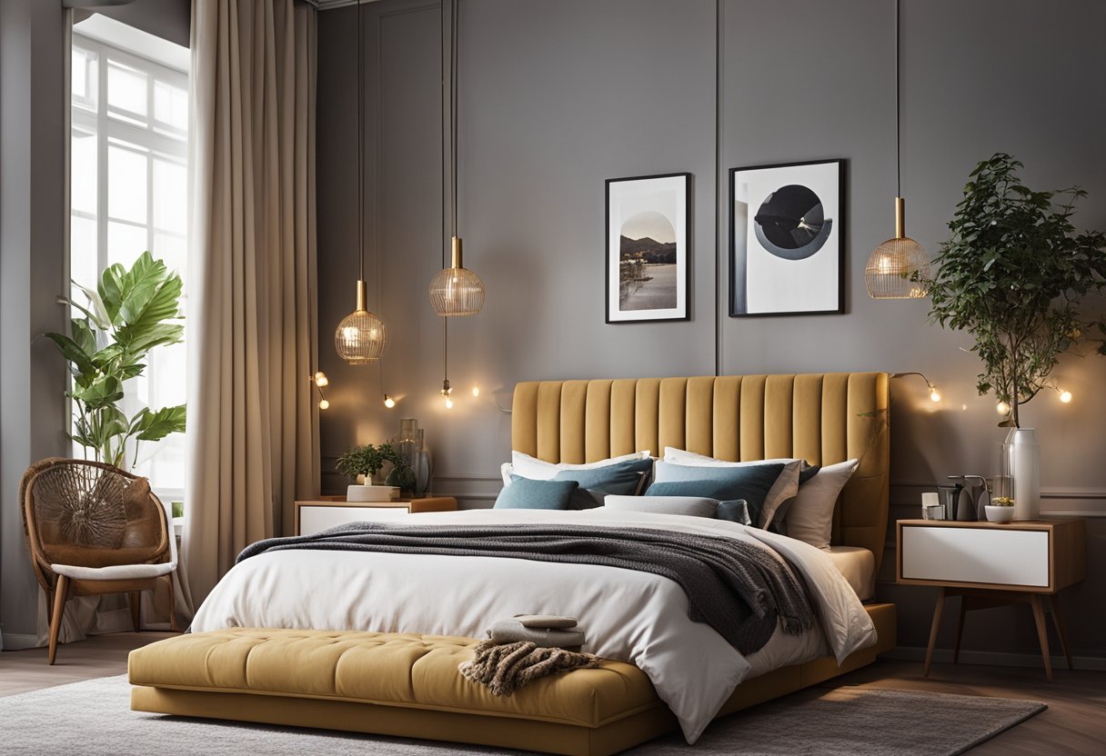 A cozy bedroom with modern furniture and soft lighting. Personalized decor reflects the occupant's unique style and interests