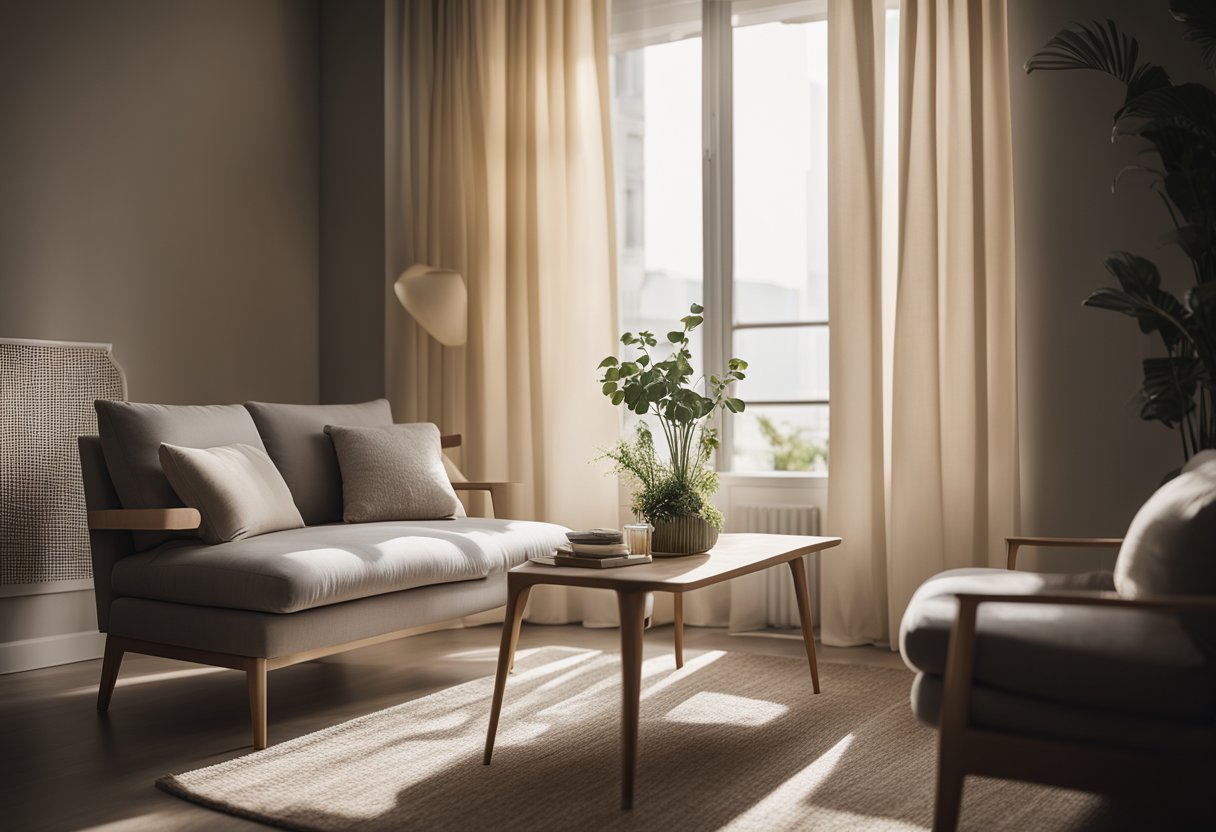 A room with soft, diffused light streaming in through sheer curtains, casting gentle shadows on the furniture and creating a serene, cozy atmosphere