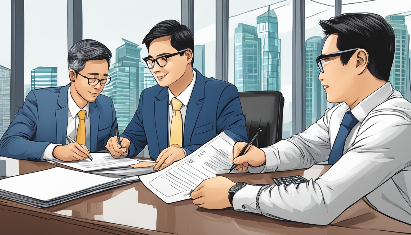 A businessman signing loan documents with a bank representative in Singapore