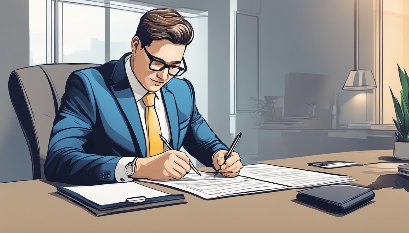 A businessman signing a contract for a 30k business loan