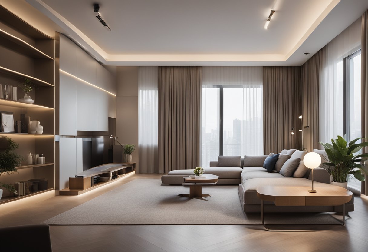 A room with soft, diffused lighting, modern furniture, and a clean, minimalist design