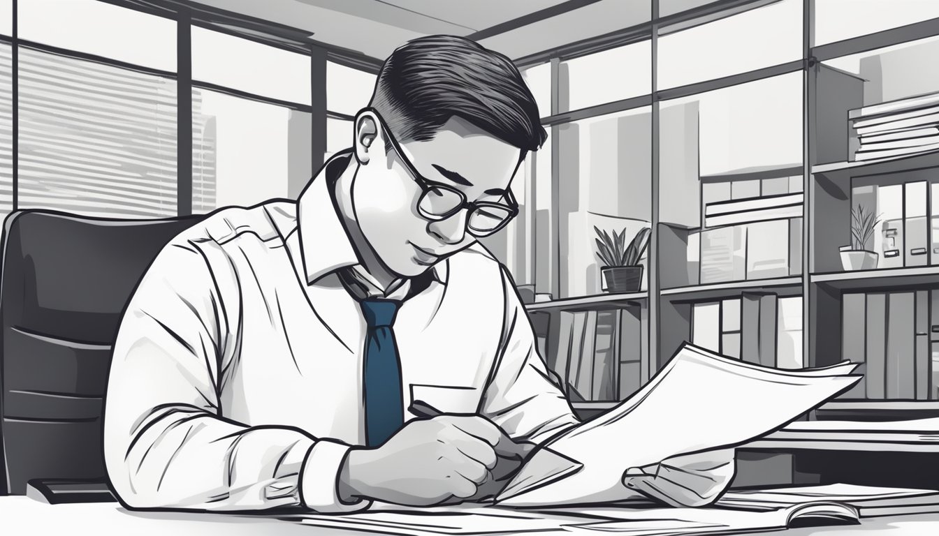 A business owner signing paperwork for a 30k loan in a Singapore office. The loan officer explains terms as the owner nods in agreement