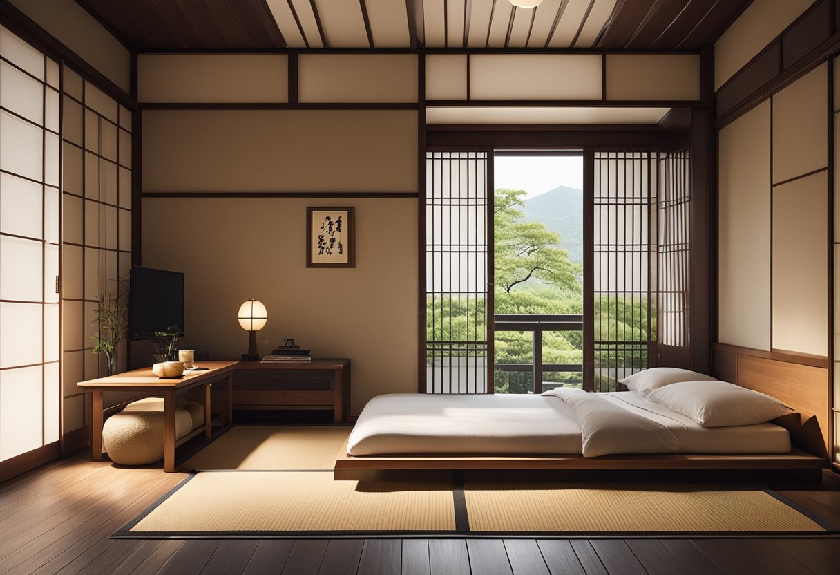 A Japanese bedroom with low wooden bed, sliding paper doors, tatami mat flooring, and minimal decor