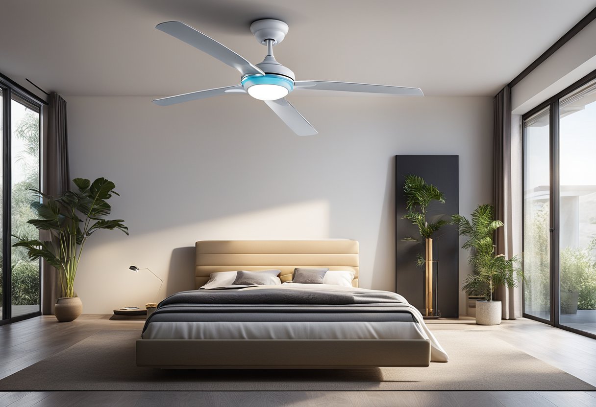 A modern bedroom with a sleek, white ceiling fan suspended from the center. The fan blades are angular and the design is minimalist, with a soft glow from the built-in light