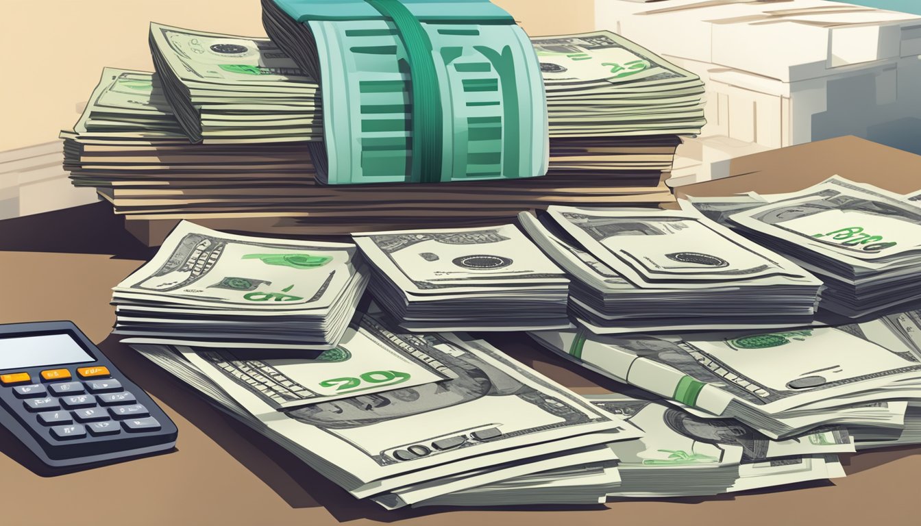 A stack of cash and a signed loan agreement on a desk, with a calculator and financial documents nearby