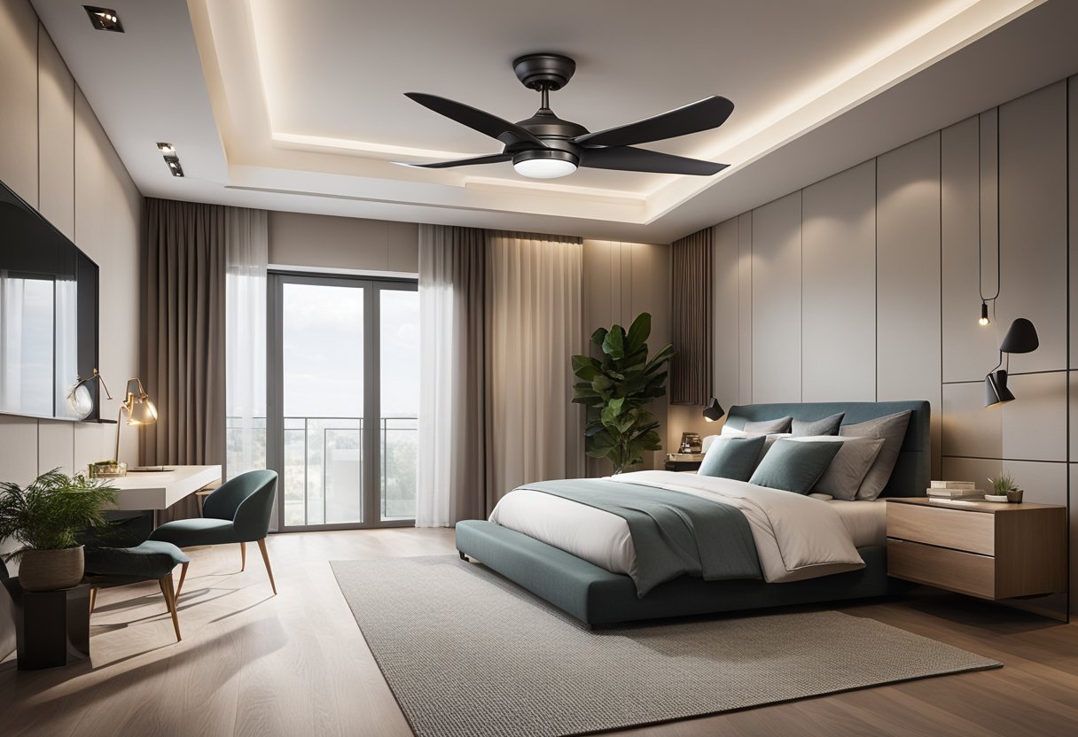 A modern bedroom with a sleek, low-profile ceiling fan featuring innovative design concepts and integrated lighting