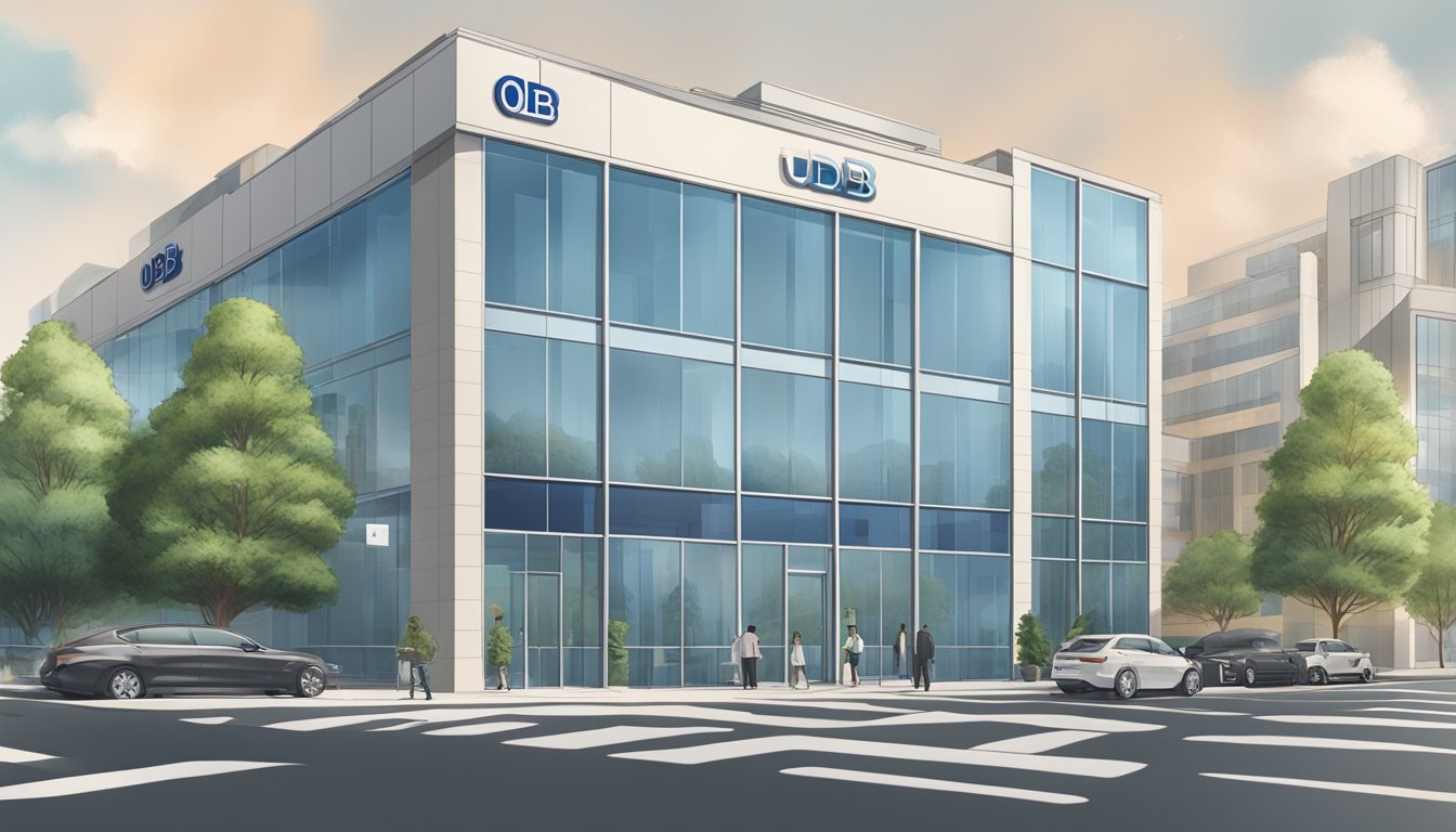 A modern office building with UOB signage and a business property loan advertisement displayed prominently in the front window