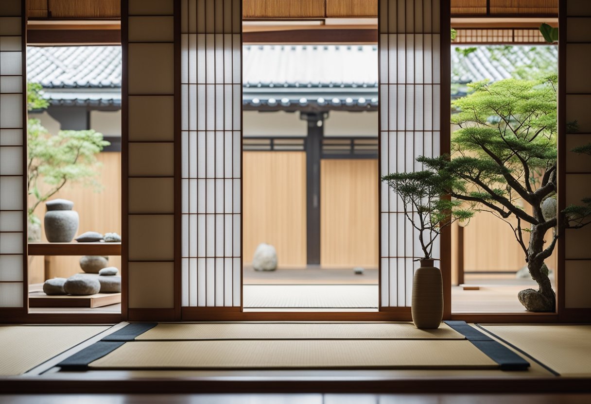 A low wooden bed sits on tatami mats, with sliding shoji doors and a tokonoma alcove displaying a simple ikebana arrangement
