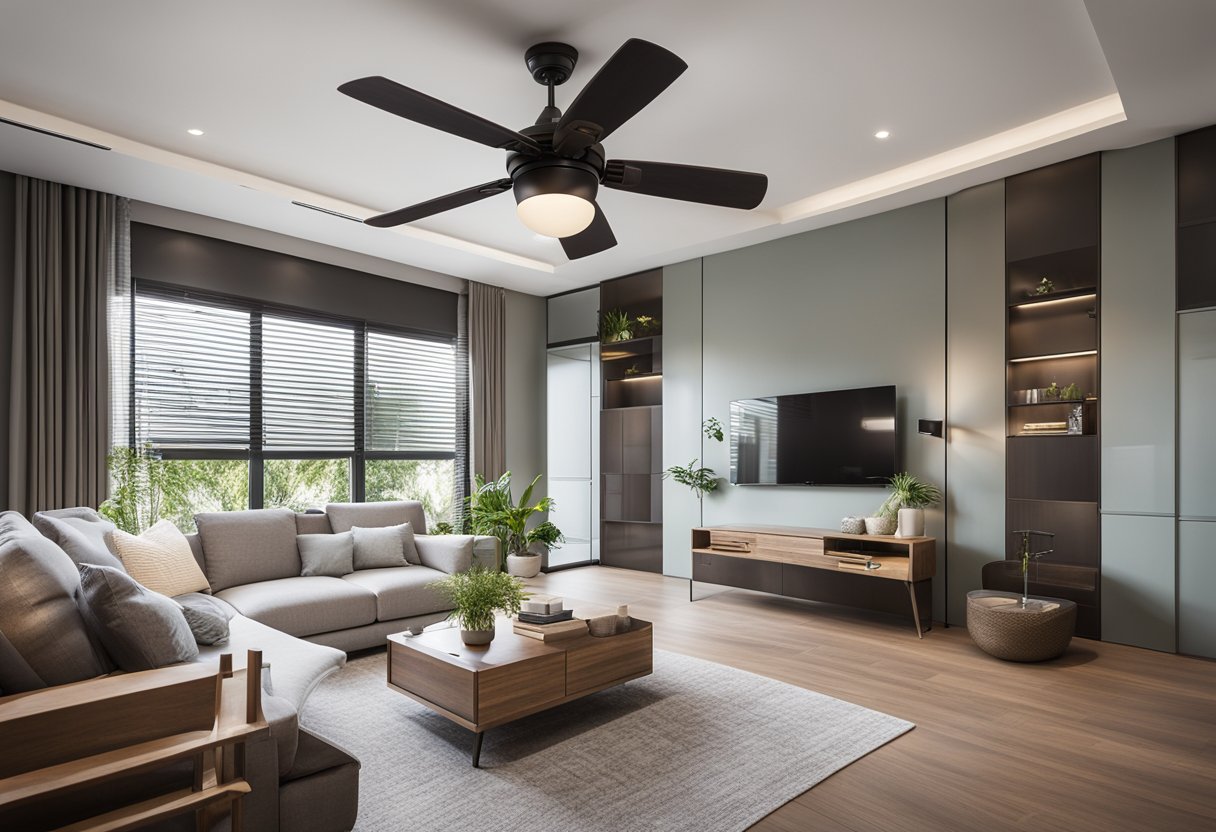 A bedroom with a modern ceiling fan installed, providing a cool breeze. The room is well-lit with natural light and the fan is operated by a remote control