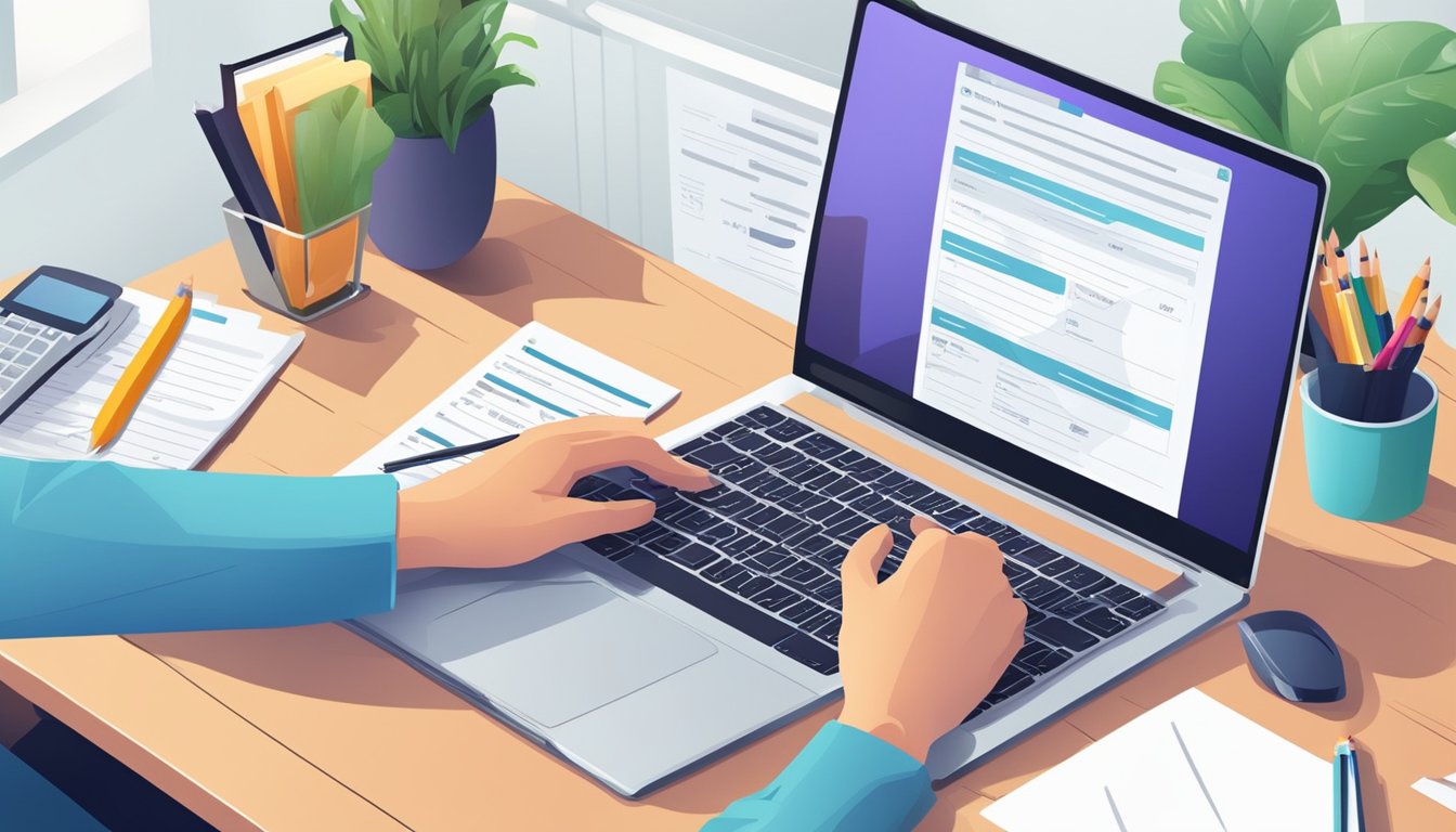 A person fills out forms on a computer, gathers documents, and submits them online for a business property loan application