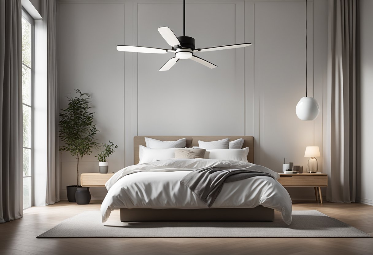 A modern bedroom with a sleek, white ceiling fan spinning above a neatly made bed, surrounded by minimalist decor and soft, natural lighting