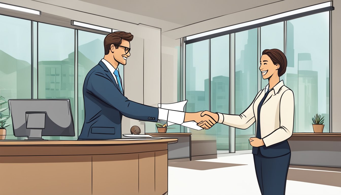 A business owner receives a letter of approval for a loan, with a bank representative smiling and shaking hands
