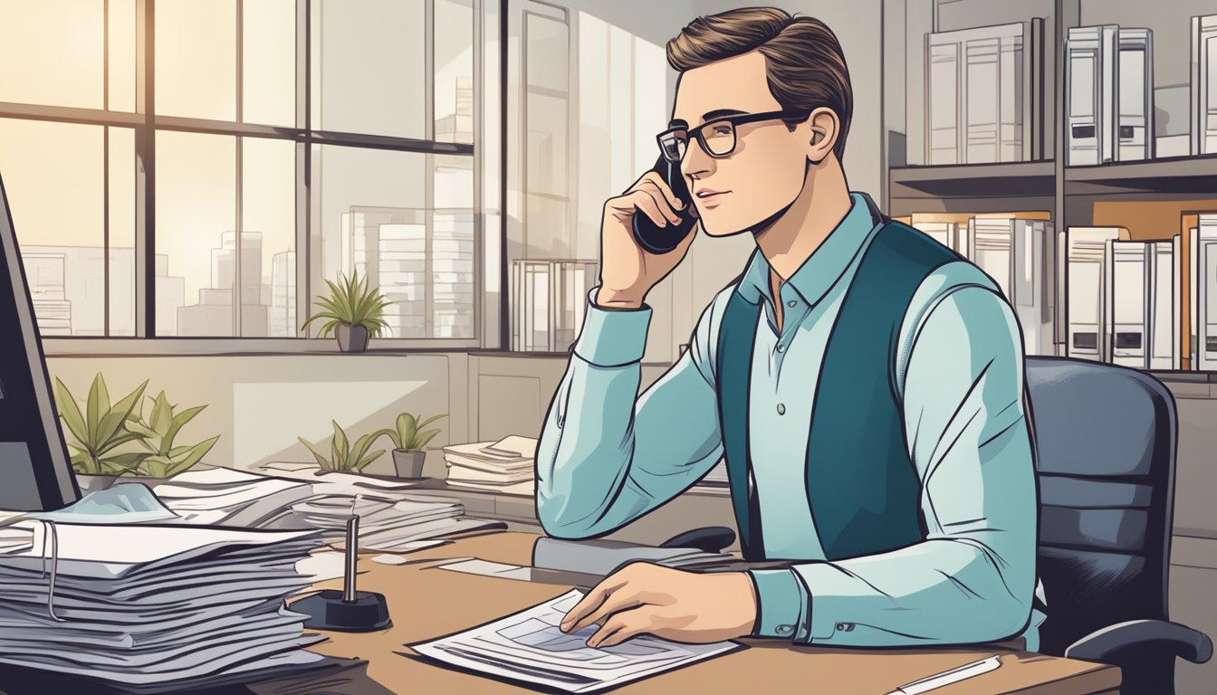 A business owner sits at a desk, reviewing documents and talking on the phone. A sign above the desk reads "Frequently Asked Questions uob business property loan."