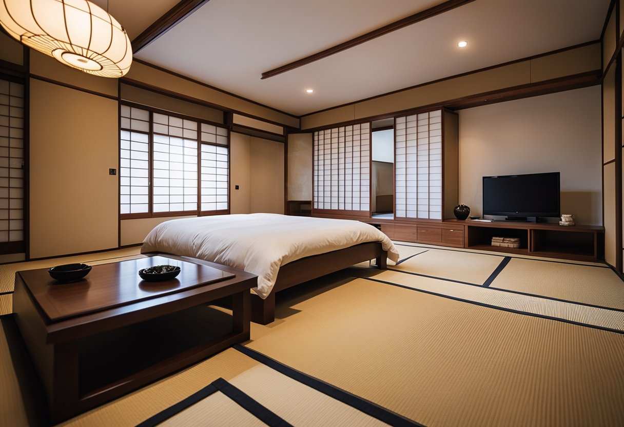 A Japanese bedroom with decorative elements and accents, featuring traditional tatami flooring, sliding shoji screens, and minimalist furniture