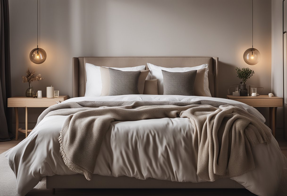 A cozy bedroom with a large, plush bed, soft, neutral-colored bedding, and a warm, inviting atmosphere with soft lighting and minimalistic decor