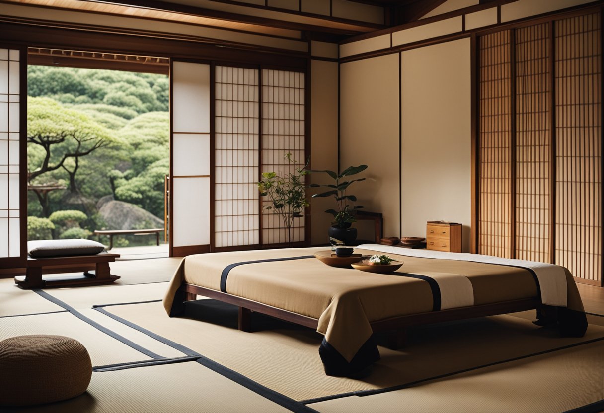 A traditional Japanese bedroom with sliding doors, tatami mats, low furniture, and minimal decor