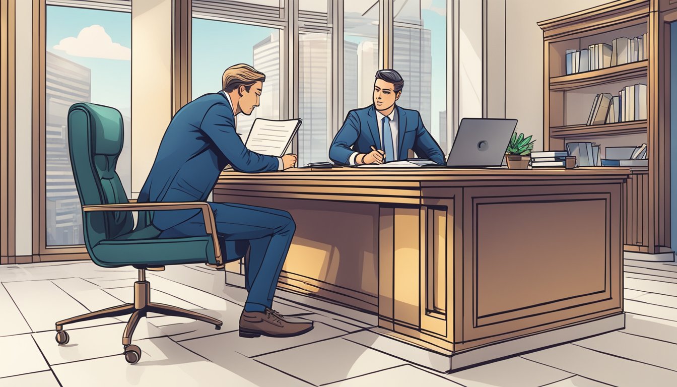 A business owner signing a loan agreement with a banker in a modern office setting