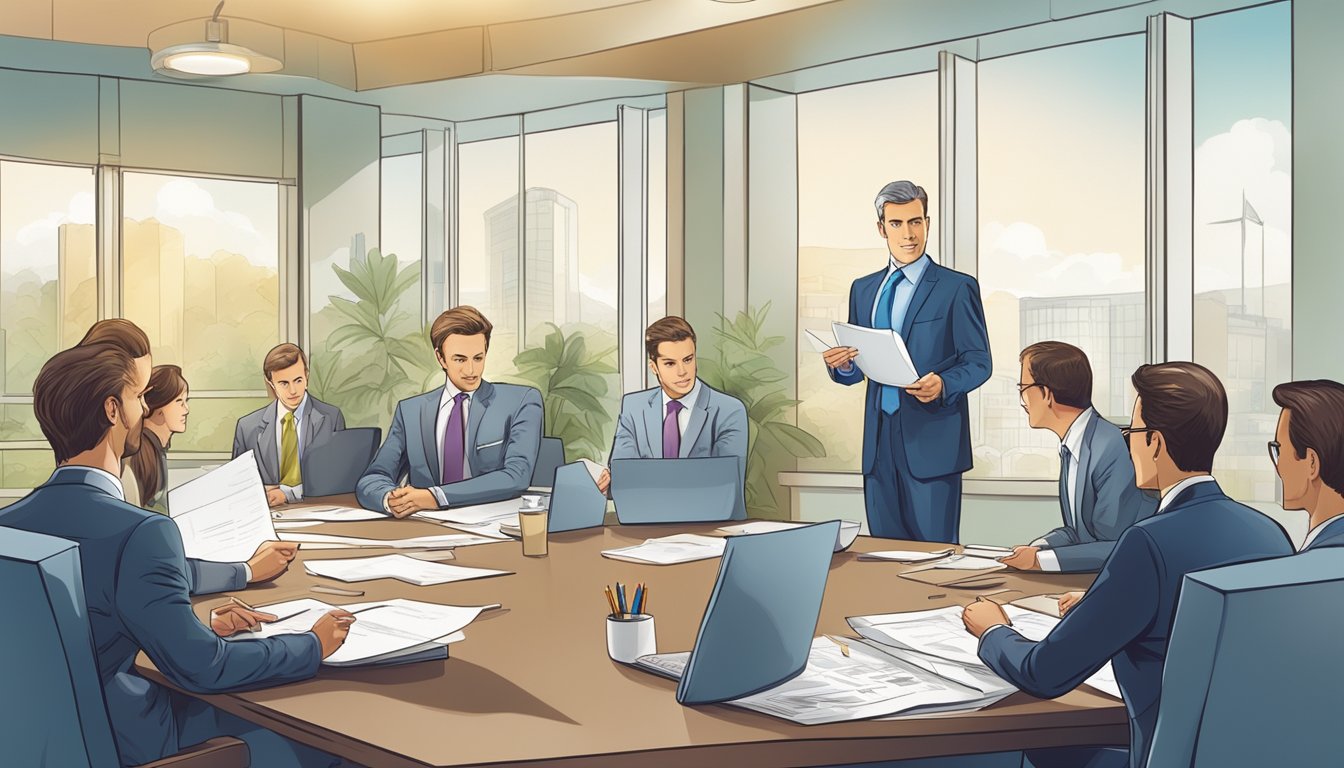 A businessman confidently presenting a detailed business plan to a group of attentive bank officials