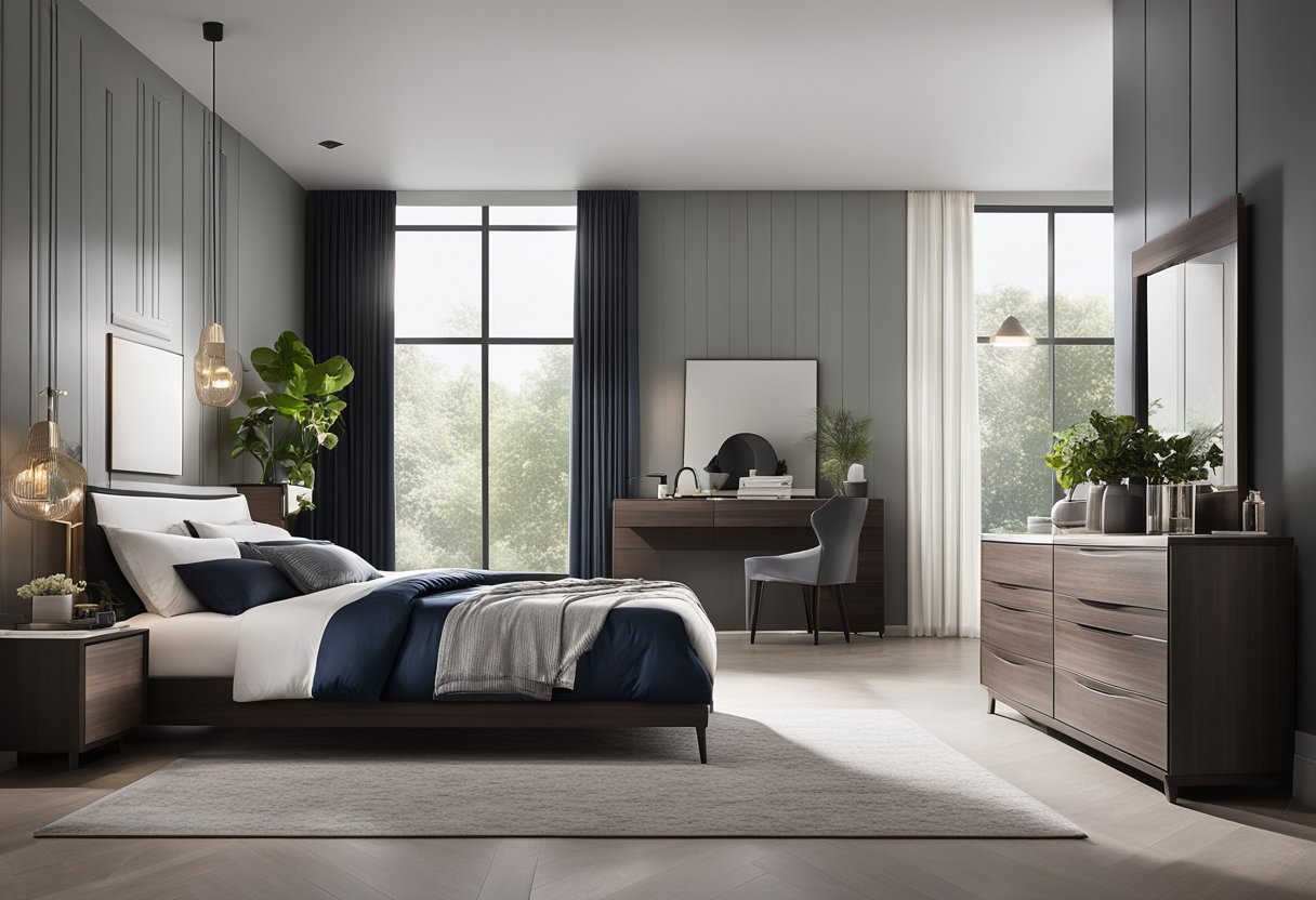 A modern bedroom set with a sleek platform bed, matching nightstands, and a contemporary dresser with clean lines and minimalistic design