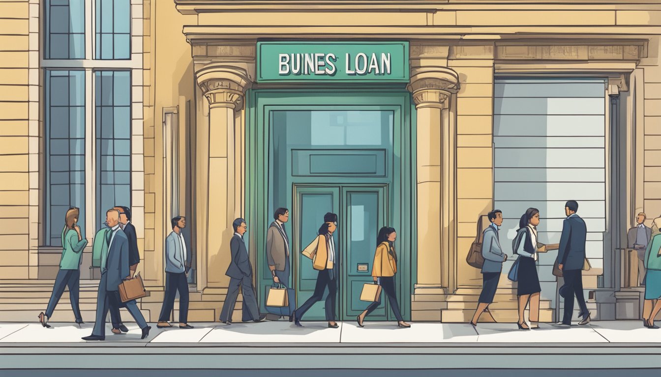 A bank building with a prominent sign displaying "Business Loan Interest Rates" and a line of people waiting to enter