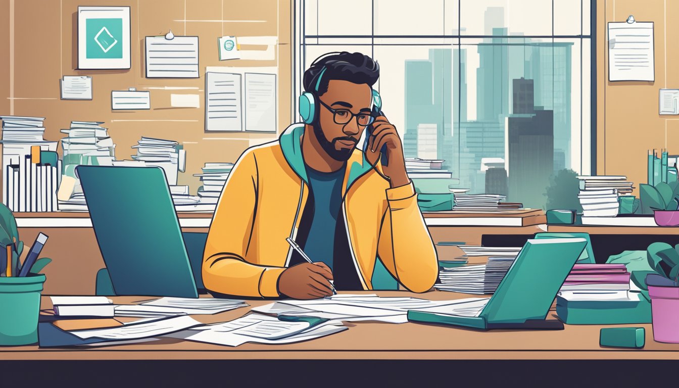 A person sits at a desk, filling out paperwork and talking on the phone with a bank representative. Documents and financial statements are spread out in front of them as they navigate the loan application process for a start-up business