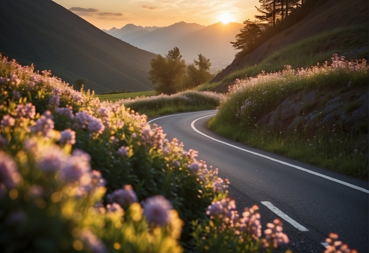 A winding road with peaks and valleys, surrounded by blooming flowers and a setting sun, symbolizing the non-linear journey of emotional healing