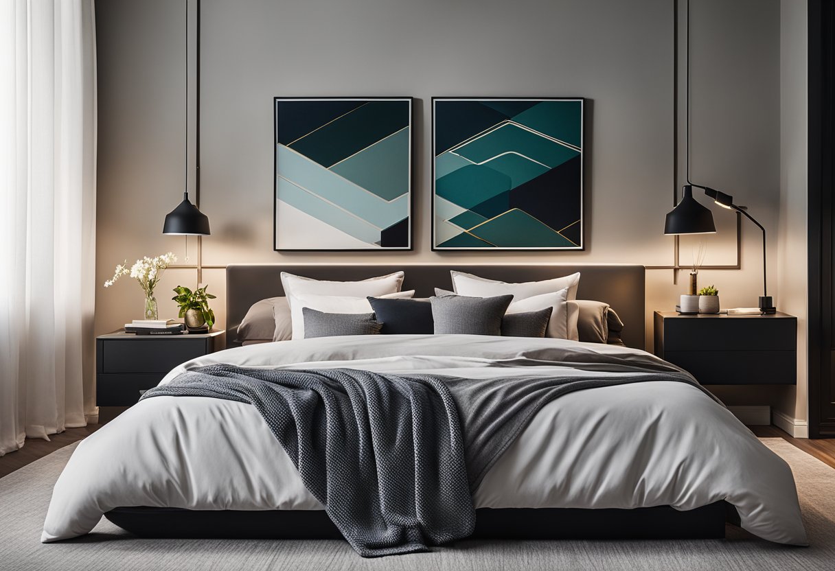 A modern bedroom with a sleek, minimalist design. The bed is adorned with plush pillows and a cozy throw blanket. A stylish nightstand holds a sleek lamp and a stack of books. The room is accented with geometric wall art and a potted